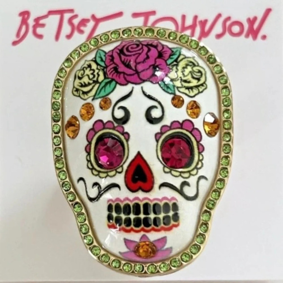 BETSEY JOHNSON SET Sugar Skull Day of the Dead Earrings Necklace Ring NEW NWT - Picture 3 of 16